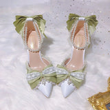 Kylethomasw Lolita High Heels for Women 2025 Pearl Lace Green Designer Shoes High End Knot Bridal Shoes 2024 Fashion Women Trending