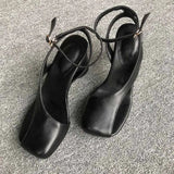 KYLETHOMASW  -  Women's Leather Sandals Square Toe Ankle Strap Chunky Heel Elegant Party Evening Shoes Fashionable Summer Footwear