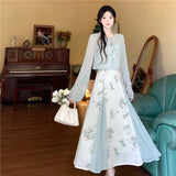 KYLETHOMASW  -  Women's Chinese Style 2-Piece Floral Dress Set Sheer Cardigan Maxi Dress