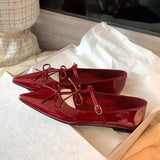 KYLETHOMASW  -  sexy T-strap flats women double bowtie ankle strap party shoes woman pointed toe cutout mary janes japanned leather loafers