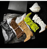 KYLETHOMASW  -  Vintage Pleated Belt Buckle Faux Suede Women Knee High Boots Autumn Winter Fashion High heels Western Cowboy Knight Boots Shoes