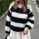KYLETHOMASW  -  Women Autumn Winter Loose Fit Knitwear Jumpers Vintage Striped Fuzzy Knitted Sweater Casual Boat Neck Long Sleeve Pullover Tops