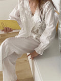 KYLETHOMASW  -  Korean Autumn Lace Elegant Solid Color Pajamas Suit Women Cotton Sweet Palace White Sets Style Home Clothes