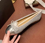 KYLETHOMASW  -  Mixed Color Silver Bowtie Ballets Women Round Toe Flats Office Slip On Loafers Ladies Tweed Cloth Ballerina Bridal Wedding Shoes