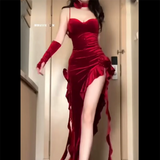 KYLETHOMASW  -  Fashion Sexy Red Velvet Camisole Dress for Women Y2K Slim Waist Bodycon Split Dresses Summer New Party Vestidos De Mujer