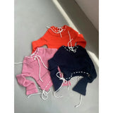 KYLTHOMASW  -   2024 Autumn for Women Crop Tops Vintage Korean Retro High Street  Hollow Out Bandage Cashmere Sweater Knit Pullover Tops