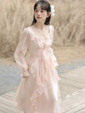 KYLETHOMASW  -  Vintage Pink Fairy Party Midi Dress Women Korean Style Sweet Vestidos Female Bubble Sleeve Elegant Evening Party Robe Autumn New