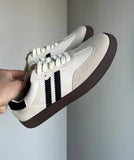 KYLETHOMASW  -  Women Genuine Leather Sneakers Round Toe Flats Mixed Colors Sewing Ladies Fashion Lace-up Shoes Spring Autumn Grey White new