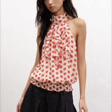 KYLETHOMASW  -  Fashion Original Design Red Polka Dot Half Turtle Collar Halter Stitching Ruffled Loose Sleeveless Top T-Shirt Women Chic