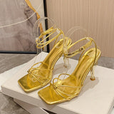 KYLETHOMASW  -  Square Toe Narrow Band Sandals Women's Ankle Buckle Strap High Heels Party Female Shoes Sandalias Mujer