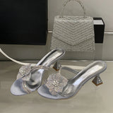 KYLETHOMASW  -  Outdoor Party Fashion Crystal Flower Women Slipper Transparent Sandal Rhinestone Low Heels Mules Slide Shoes Zapatos Mujer