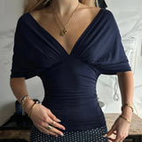 KYLETHOMASW  -  Elegant Women Ruched Deep V Blouse Spring Summer Resort Vacation Solid Short Sleeve Top Date Daily Office Outfit Trendy