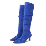 KYLETHOMASW  -  Ladies High Heels long boots winter shoes pointed toe leather bowknot flock knee high botas mujer 41-43 big size female booties