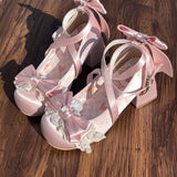 KYLETHOMASW  -  Japanese Sweets Style Lolita Shoes Women Kawaii Lace Bow Bandage Round Head Middle Heel Single Shoes Y2k Mary Jane Party Shoes