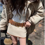 KYLETHOMASW  -  Fashion Patchwork Short Skirt Women High Waist Slim Fit A-Line Skirt Office Lady Temperament Bag Hip Mini Skirts With Belt 678A