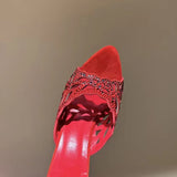 KYLETHOMASW  -  Women Elegant Red Suede Rhinestone Mule Sandals Hollow Cutout Point Toe Stiletto Slides Glitter Crystal Slip-On Heels