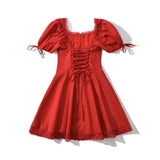 KYLETHOMASW  -  Women Lace Spliced Party Mini Vintage Dresses Puff Sleeve V Neck Low Waist A-line Summer Dress Lace Up Birthday Robe