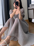 KIylethomasw Summer Casual Korean Fashion Square Collar Short Sleeve Party Dress Women Elegant Slim Waist A-line Midi Vestidos Women's Dress