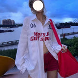 KYLETHOMASW  -  Letter Print Striped Shirt Autumn New American Loose Casual Shirts High Street Leisure Sunscreen Top Jacket Trend