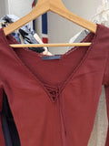 KYLETHOMASW  -  Vintage Burgundy Slim Long Sleeve T-shirt Woman Spring Bandage V-neck Slim Tee Top Casual All-match Preppy Style Cotton Tshirts