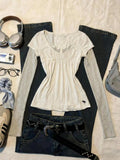 KYLETHOMASW  -  Korean Vintage Spliced V Neck Long Sleeve Women Fake Two Piece Y2k Aesthetic Striped Slim Waist Clothes Casual American Tops