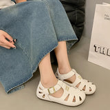 KYLETHOMASW  -  ONG Genuine Leather Hollow out Flat Roman Sandals Versatile Casual Cage oes mid Heel round Toe Summer Faion Women's oes