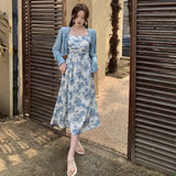 KYLETHOMASW  -  Autumn 2PCS Sexy Spaghetti Strap Print Dress for Women A-line Long Dress Slim Fit Temperament Elegant Vacation Beach Dress