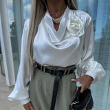 Kylethomasw Commuter Lady Elegant V-neck Draped Blouses Spring Flower Design Satin Top Pullover Autumn Long Sleeve Button Women Shirts Mujer