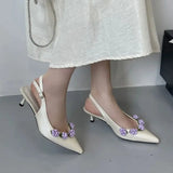KYLETHOMASW  -  Pink High Heels Sexy Pointed Toe Slingback Shoes Summer Small Flower Low Heel Office Shoes Black Pumps White Talons Femme