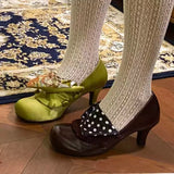 KYLETHOMASW  -  Retro Reddish-Brown Flap High Heels Round Toe Low Heel Niche Design Low-Cut Slip-On Mary Jane Shoes for Women.