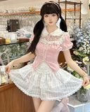 KYLTHOMASW  -  Sweet Princess Lolita Skirt Sets Summer Pink Lace Peter Pan Collar Short Sleeve Shirt Cake Skirt Two Piece Sets Womens Outifits