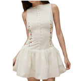 KYLETHOMASW  -  Sexy White Embroidery Floral Low Waist Mini Tank Dress Women Open Buttons Neck Bodycon Sleeveless Ruched Hem Swing Party Robe