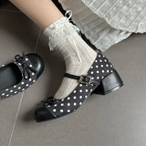 KYLETHOMASW  -  Cute Polka Dot Thick Heel Women Mary Jane Shoes Designer Buckle Strap Pumps Ladies Eelgant Butterfly-knot Dress Single Shoes