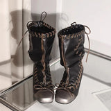 KYLETHOMASW  -  Vintage Pleated Mid-Calf Boots Cross-tied Square Toe Mid Heels Luxury Leather Fashion Novelty Sexy Concise Autumn Women Shoes