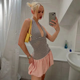 KYLETHOMASW  -  New Women V-Neck Stripe Print Simple Summer Backless Halter Tank Tops Fashion Wild Basic Stretch Streetwear Y2K Chic Vest
