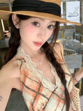 KYLETHOMASW  -  Sexy Halter Neck Lace Dress Women's Summer French Slim Fit Plaid A-line Short Dress Fashion Female Clothes