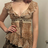 KYLETHOMASW  -  Sexy Flirty Deer Print Ruffled V-Neck T-Shirt with Asymmetrical Hem Women's Top