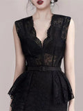 KIylethomasw Sexy Club Sleeveless V-Neck High Waist Women Black Lace Female Vintage Ruffles Split Summer Evening Party Dress With Belt