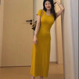 KYLETHOMASW  -  Summer Casual Cotton Midi Dress Women Elegant Solid Color Round Neck Slim Bodycon Dresses Korean High Street Vestidos ﻿270A