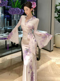 KYLETHOMASW  -  Dresses Women Sexy Elegant Mesh Patchwork Flare Long Sleeve Bow Bandage V Neck Ruffles Patchwork Party Dress Ladies