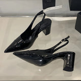 KYLETHOMASW  -  High Quality Patent Leather Buckle Strap Pumps Women Slingback Pointed Toe Square Heels Wedding Party Shoes