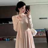 KYLETHOMASW  -  Pink Long Sleeve  Knot Maxi Dress Women's High Waist Gentle Style Spring Autumn Long Skirt A-Line Dress Korean Style