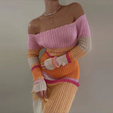 KYLETHOMASW  -  Beach Style Off Shoulder Crochet Maxi Dress Elegant Women Vintage Patchwork Long Sleeve Hollow Out Knitted Bodycon Dress Y2K