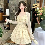 KYLETHOMASW  -  Summer 2PCS Sexy Spaghetti Strap Print Mini Dress for Women Korean Fashion Slim Fit and Slimming Temperament Elegant Dress