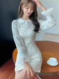 KYLETHOMASW  -  Elegant Plaid Mini Dress Sweet Casual Chic Flare Long Sleeves Chiffon Patchwork Birthday Party Short Dresses Female Clothing New