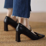 KYLETHOMASW  -  Metal Buckle Decoration Mary Jane Shoes Women Comfortable Leather High Heels Elegant Chunky Heel Women Pumps Zapatos De Mujer