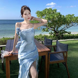 KYLETHOMASW  -  Elegant French Seaside Vacation Dresses Premium Swing Neck Double Layer Split Suspender Engagement Dress Vestido