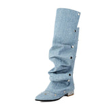 KYLETHOMASW  -  Women's Runway Denim Slouchy Boots Light Blue Chic Snap Fastener Boots Black Pearl Back Zip Modern Shoe Biggest Size 48