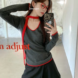 Kylethomasw Korean Retro Contrast Color Patchwork Long-sleeved T-shirt Women Autumn New High Street Lace-up Sexy Slim Striped Tops
