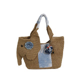 KYLETHOMASW  -  Cute Elephant Shape Straw Tote Bag Hand Woven Beach Bag With Blue Floral Decor Mini Elephant Pendant Handheld Shoulder Bag